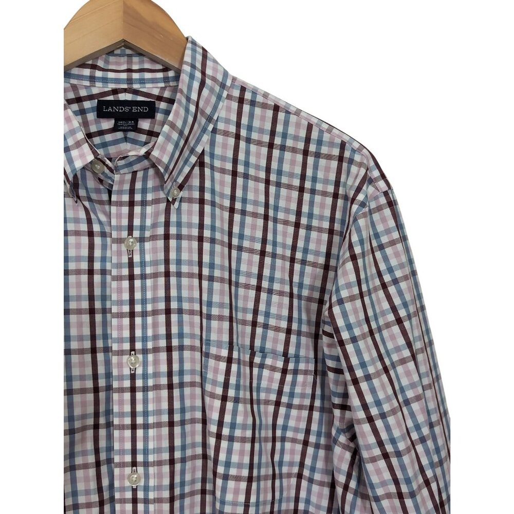 Lands End Button Down Shirt Mens 16.5 34‎ Purple Blue Plaid Long Sleeve Office